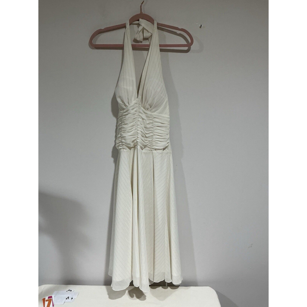 Womans Philip DeCaprio White With Gold Stripe Halter Fit N Flare Midi Dress 4